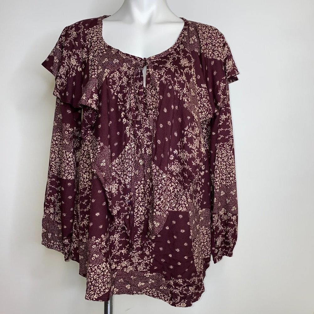 AJ Deep Burgundy Floral Print Ruffle Front Blouse